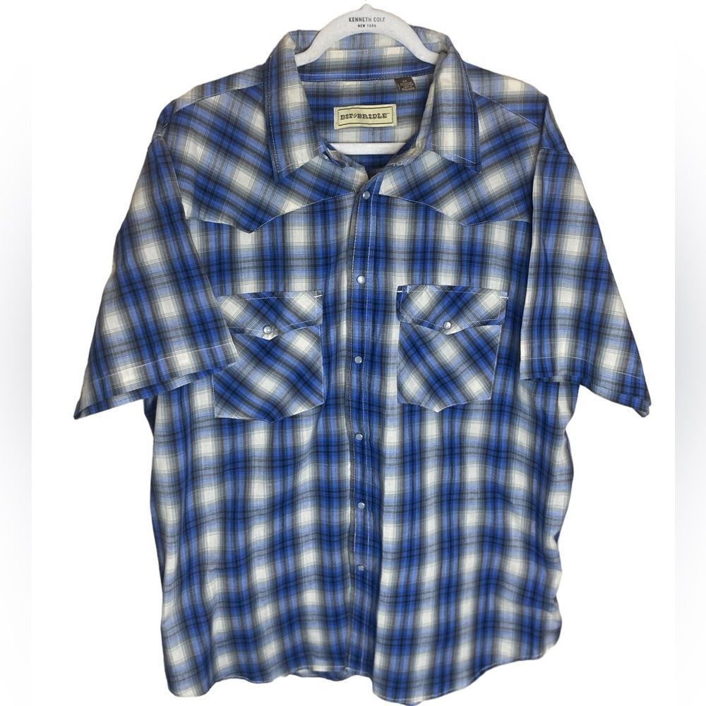 Bit & Bridle Blue Short Sleeve Pearl Snap Plaid Casual Western Shirt Mens Sz 2XL